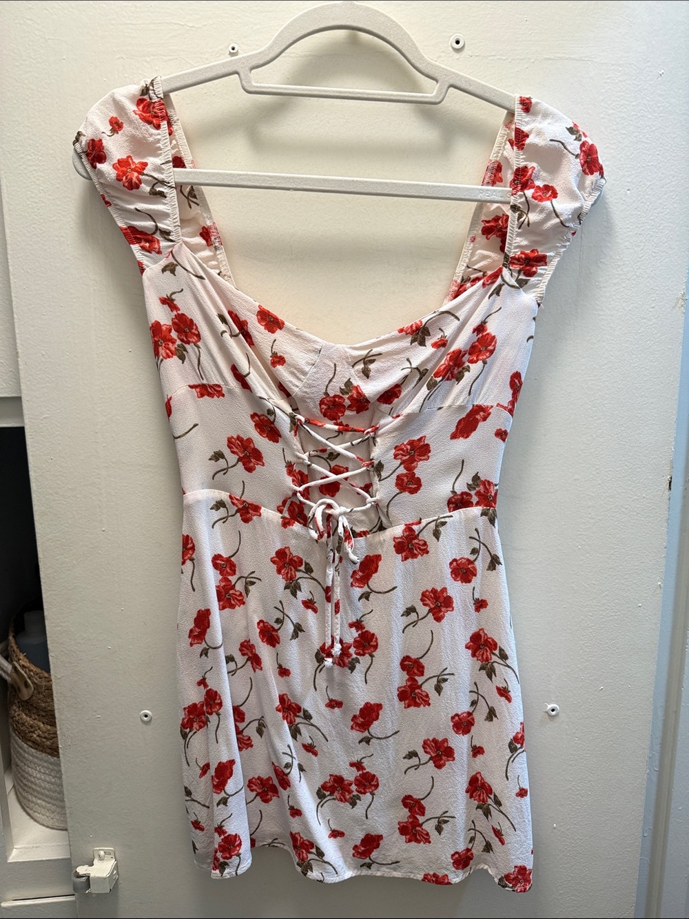 Reformation Ivory Dress with Red Floral Print and Lace-Up Front
